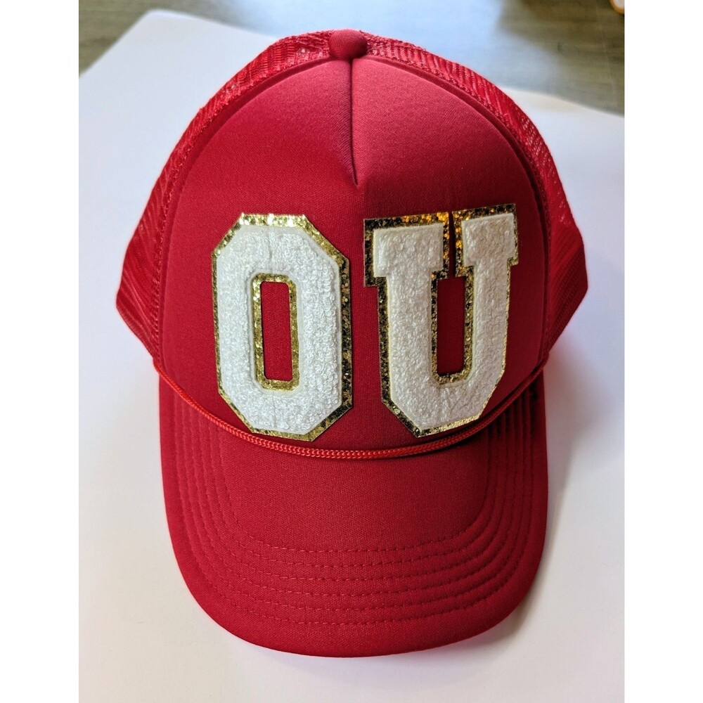 OU Oklahoma Sooners Red Mesh Snapback Trucker Hat Glitter Chenille Patches - Picture 1 of 4